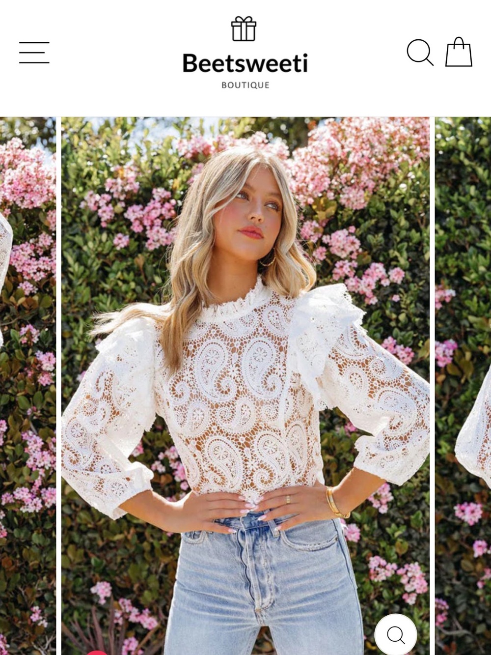 Women's White Paisley Lace Ruffle Blouse - Picture 6 of 9